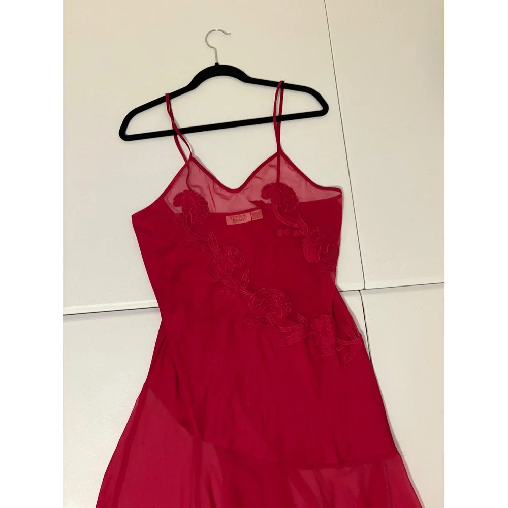 VTG Victoria's Secret Red Satin Mesh Floral Slip Dress Romantic Lace ethereal a5